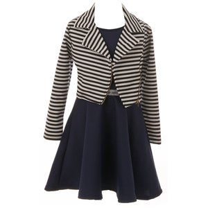 Toddler Girls Dress Set 2 Pieces Jacket Stripes Summer Flower Girl Dress Navy